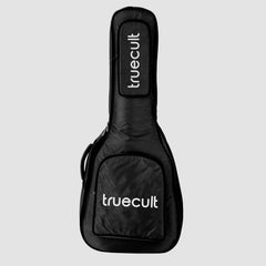 Black guitar case with 'truecult' branding on a light gray background