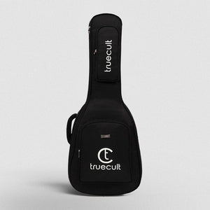 Black guitar case with 'truecult' branding on a light gray background