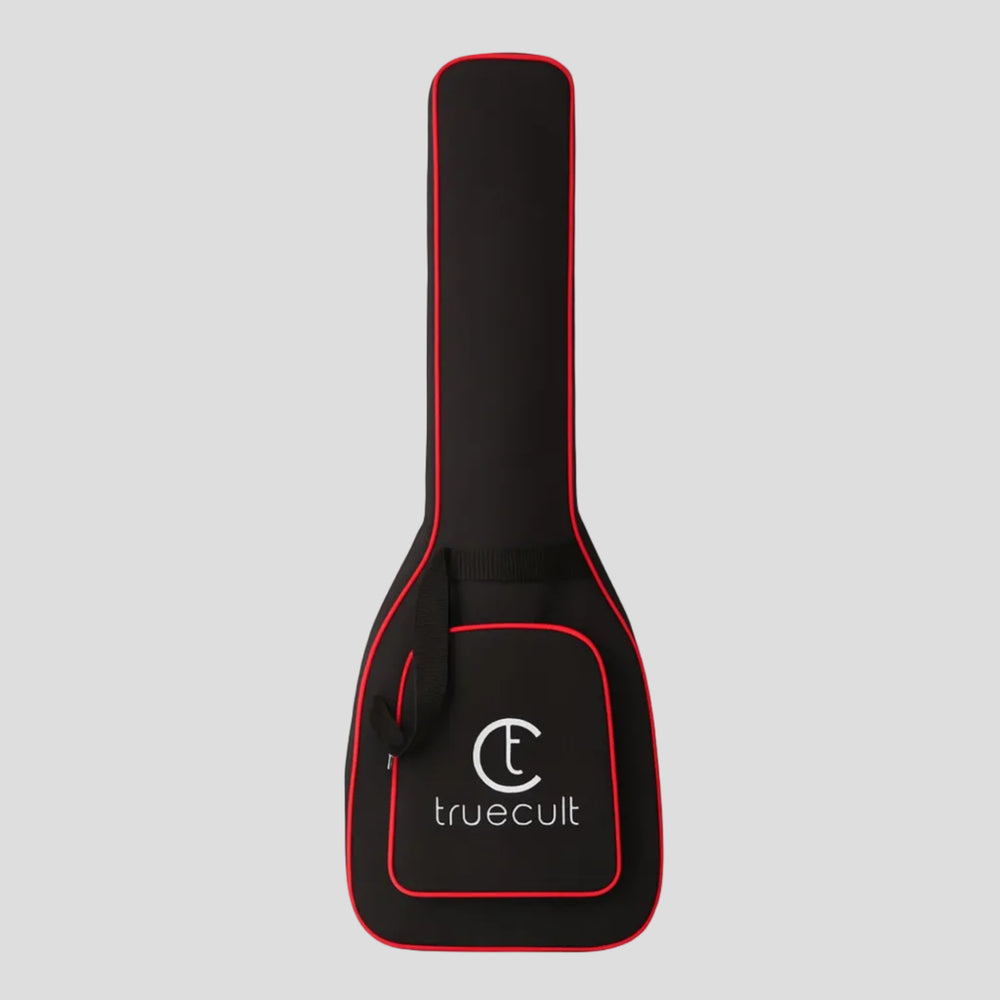 Black guitar case with red trim and 'truecult' logo on a white background