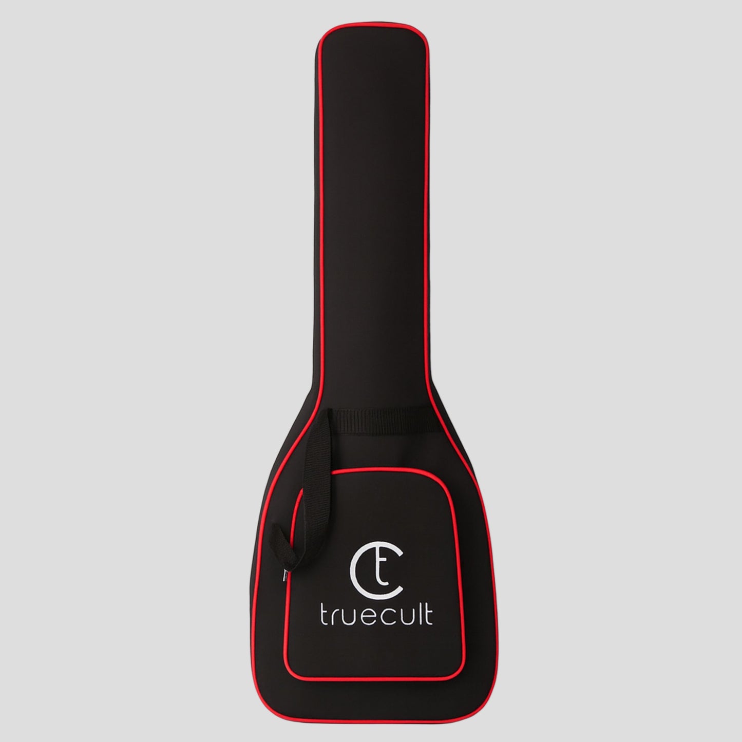 Black guitar case with red trim and 'truecult' logo on a white background