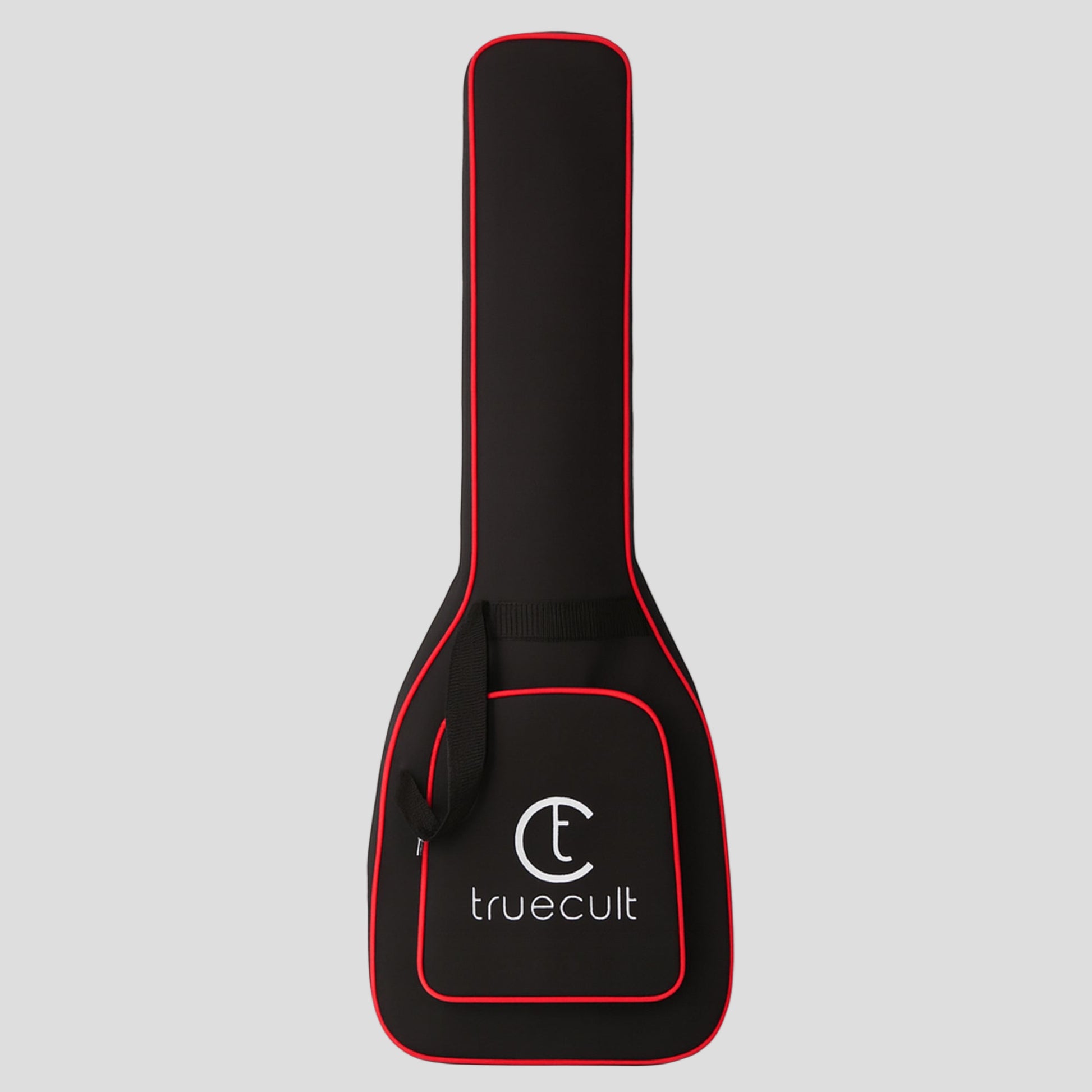 Black guitar case with red trim and 'truecult' logo on a white background