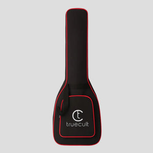 Black guitar case with red trim and 'truecult' logo on a white background