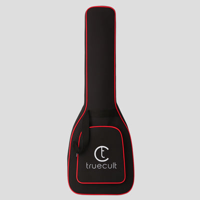 Black guitar case with red trim and 'truecult' logo on a white background