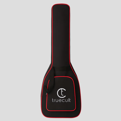 Black guitar case with red trim and 'truecult' logo on a white background