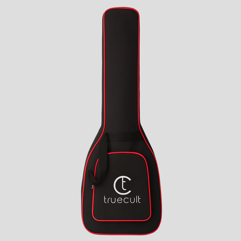 Black guitar case with red trim and 'truecult' logo on a white background