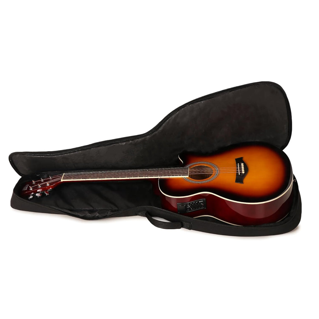 Acoustic guitar in a black case on a white background Water-resistant acoustic guitar gig bag for yamaha kadence fender 