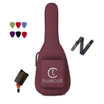 Maroon guitar case with 'truecult' logo, guitar pick holder, strap, and picks on a white background Water-resistant acoustic guitar gig bag for yamaha kadence fender 