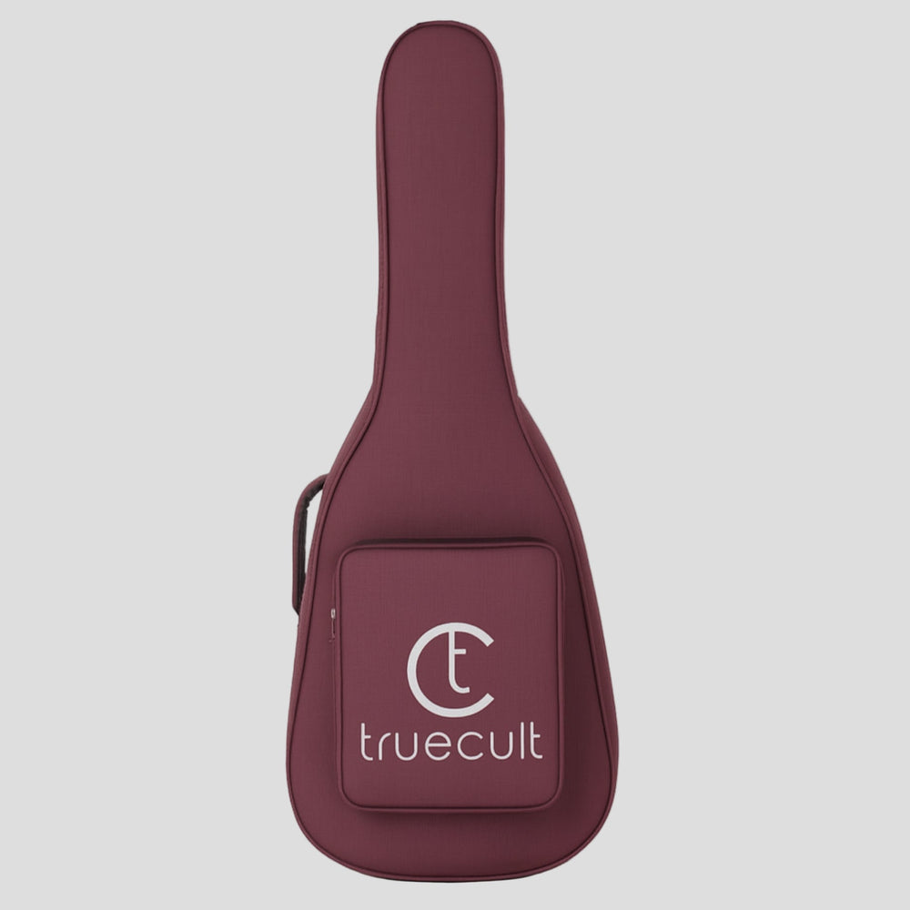 Maroon guitar case with 'truecult' logo on a white background