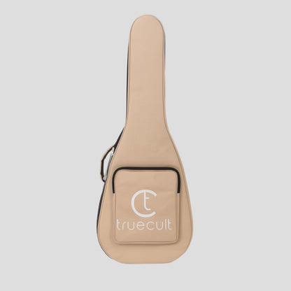 Beige guitar case with 'truecult' logo on a white background