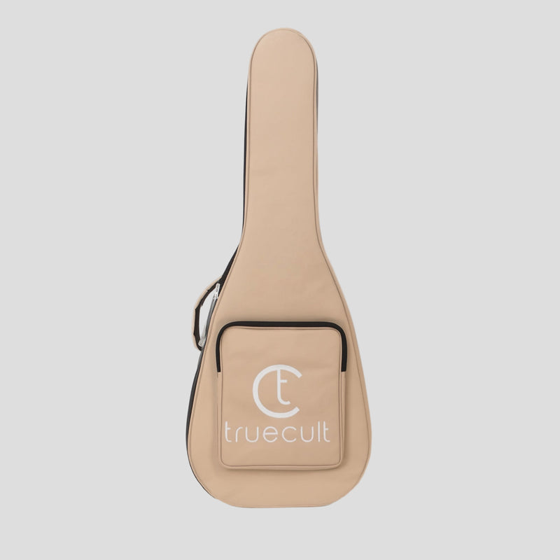 Beige guitar case with 'truecult' logo on a white background