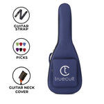 Blue guitar case with 'truecult' branding on a white background, featuring icons for guitar strap, picks, and guitar neck cover. Water-resistant acoustic guitar gig bag for yamaha kadence fender 