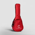 Red guitar case with 'truecult' branding on a gray background