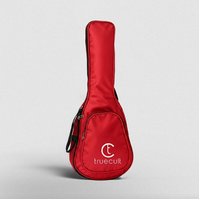 Red guitar case with 'truecult' branding on a gray background