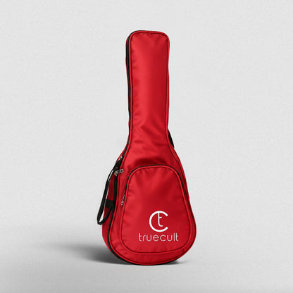 Red guitar case with 'truecult' branding on a gray background