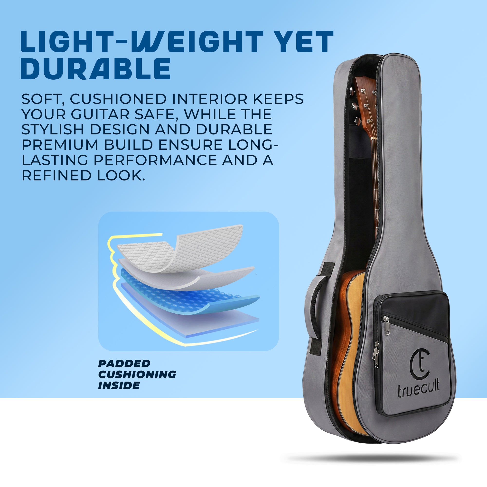 True Cult Padded Acoustic Guitar Case - Light Grey | Compatible with Yamaha, Fender, Ibanez, Cort, ESP, Epiphone, Kadence & More