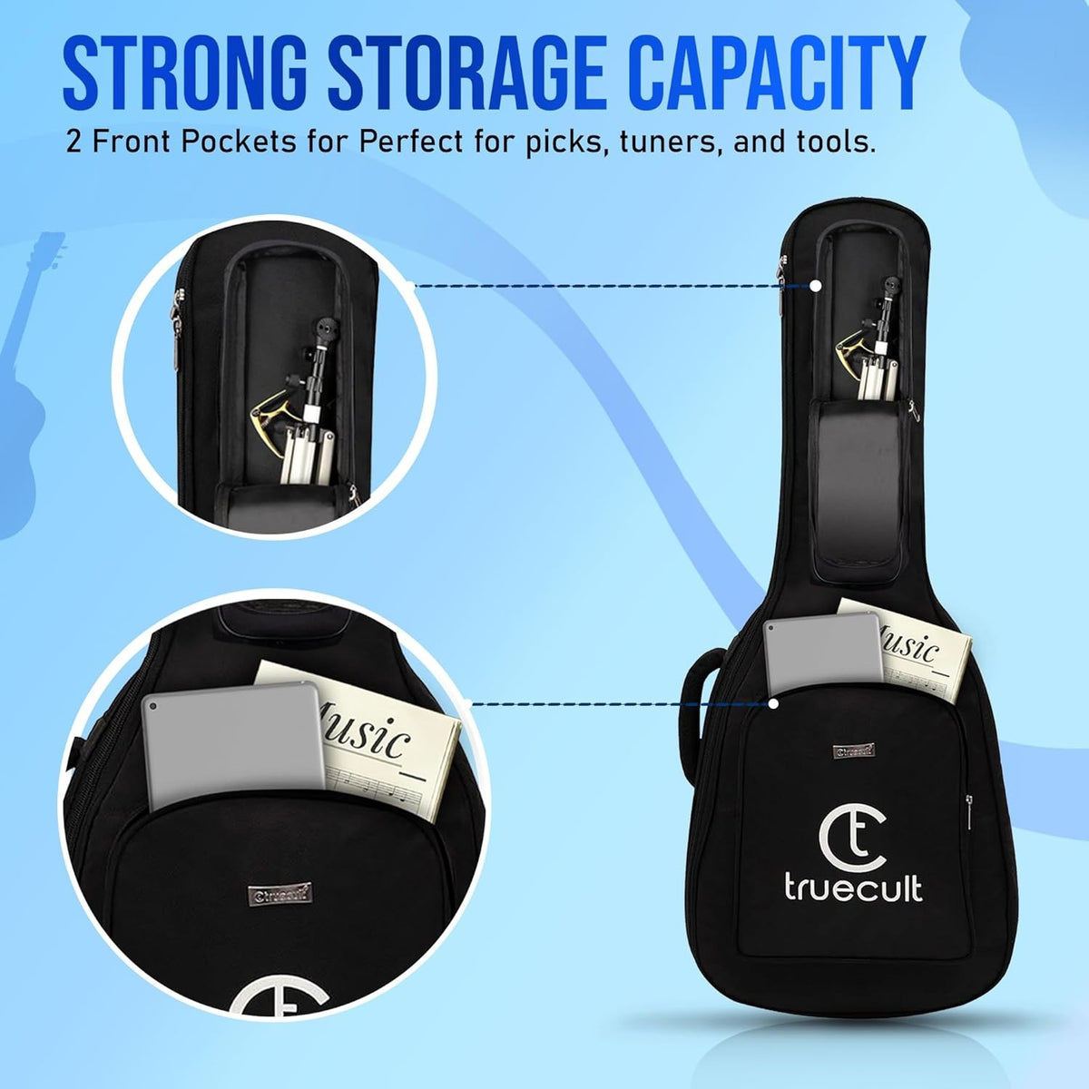 True Cult Acoustic Guitar Gig Bag - 30mm Extra Thick Padding, Double Pocket (Black)