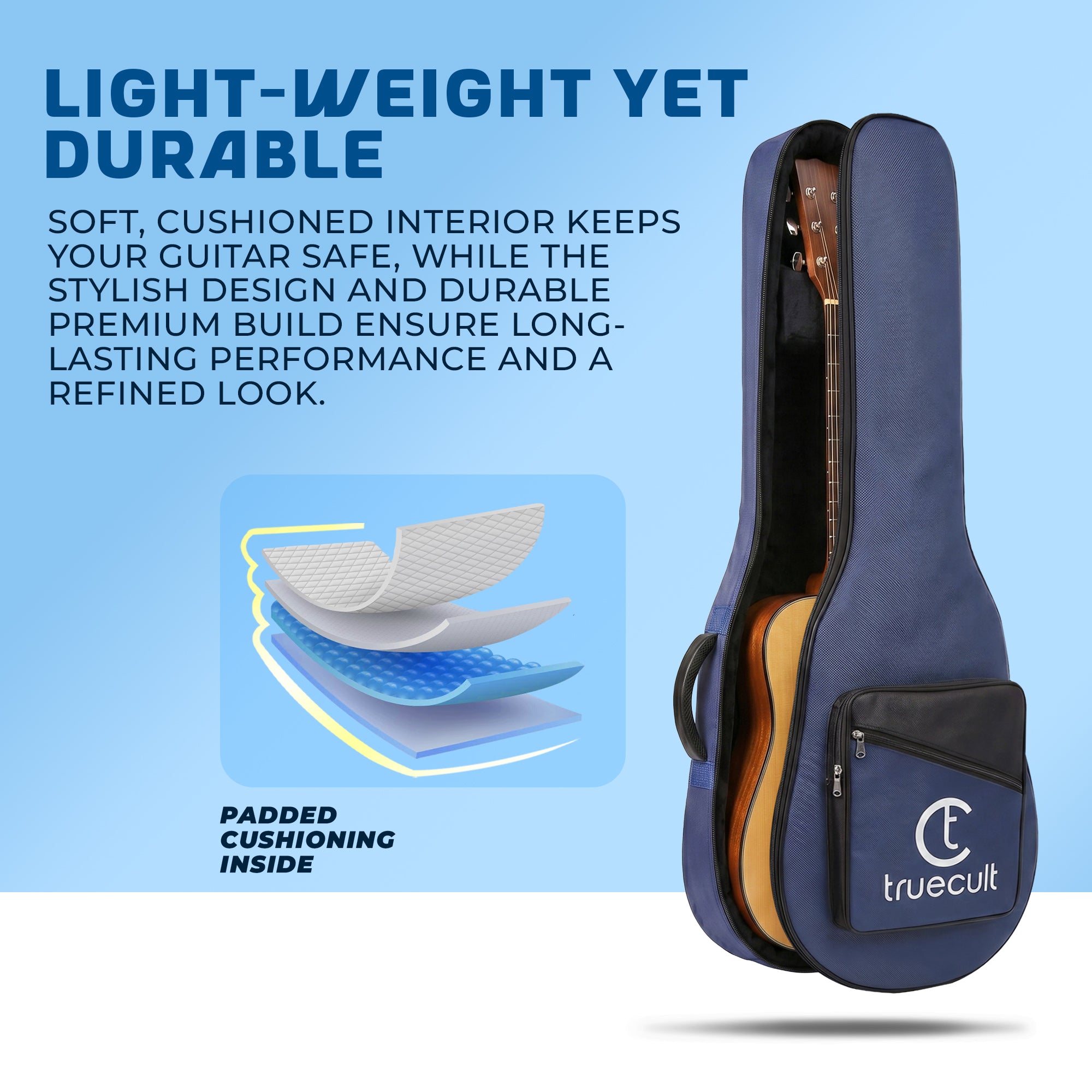 True Cult Padded Acoustic Guitar Bag – Navy Blue | Fits Yamaha, Fender, Ibanez, Cort, ESP, Epiphone, Kadence & More