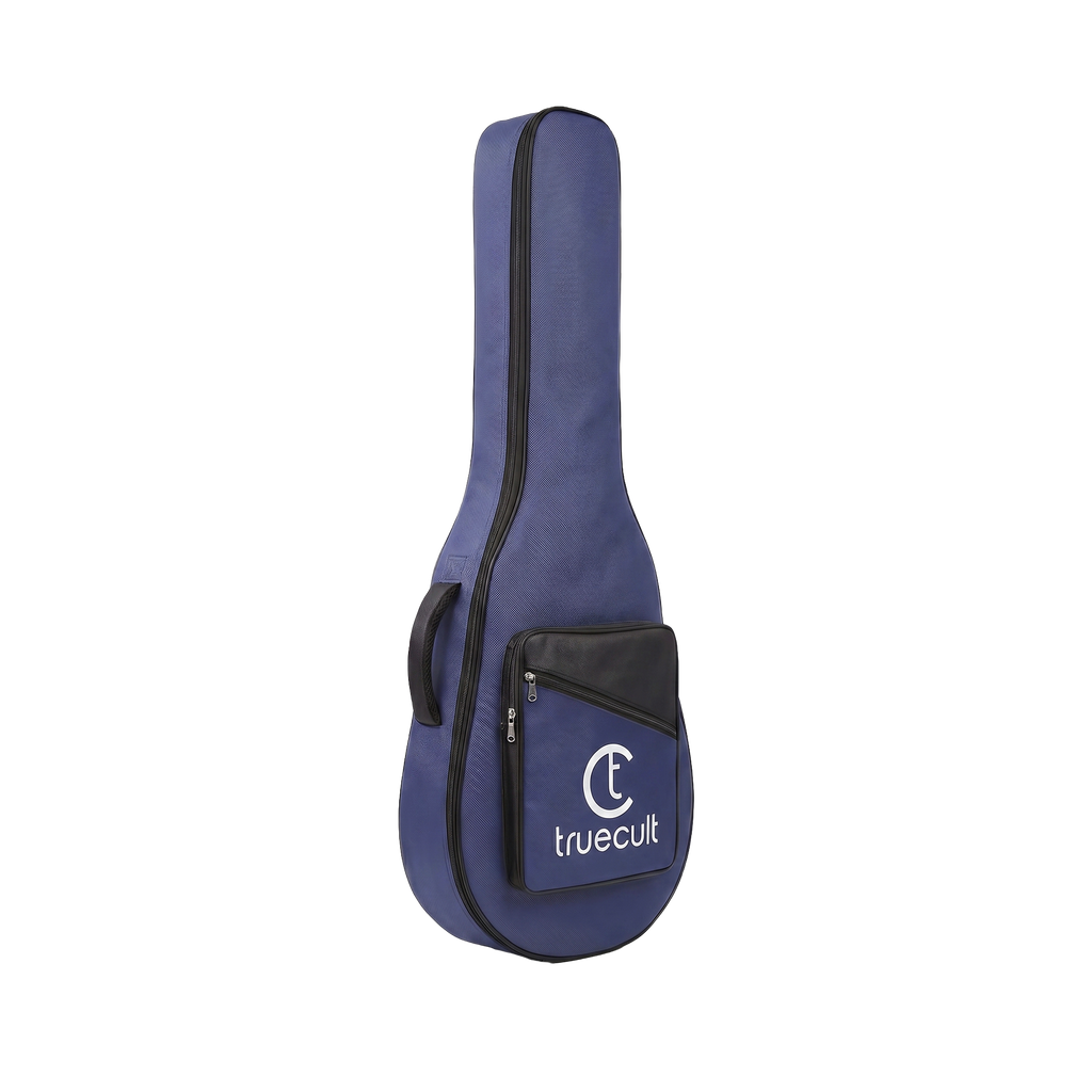 A navy blue ukulele gig bag with black trim and a front pocket featuring the white 'truecult' logo, shown on a plain white background.