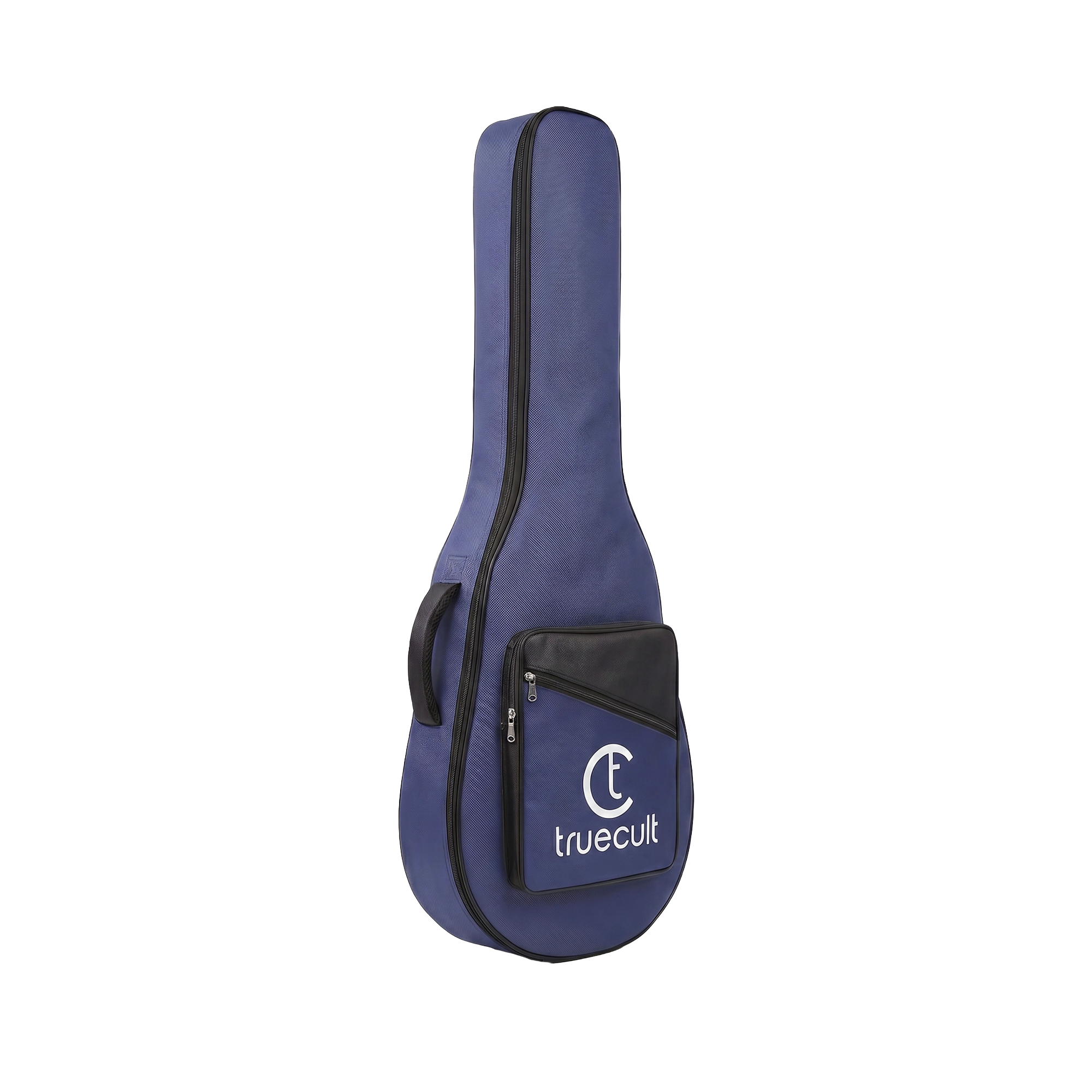 A navy blue ukulele gig bag with black trim and a front pocket featuring the white 'truecult' logo, shown on a plain white background.