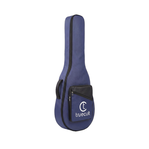 A navy blue ukulele gig bag with black trim and a front pocket featuring the white 'truecult' logo, shown on a plain white background.