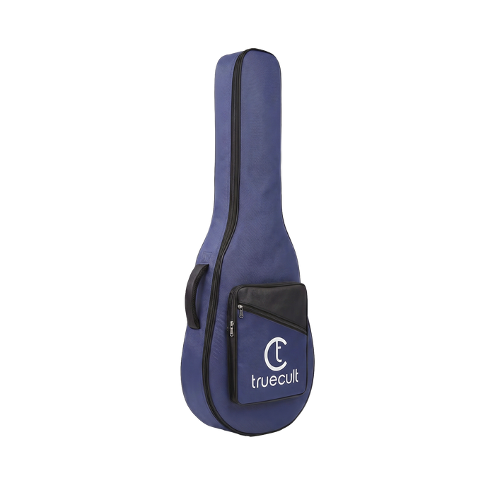 A navy blue ukulele gig bag with black trim and a front pocket featuring the white 'truecult' logo, shown on a plain white background.