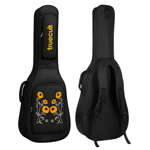 True Cult Acoustic Guitar Gig Bag - 30mm Extra Thick Padding, Double Pocket (Black-Sunflower)