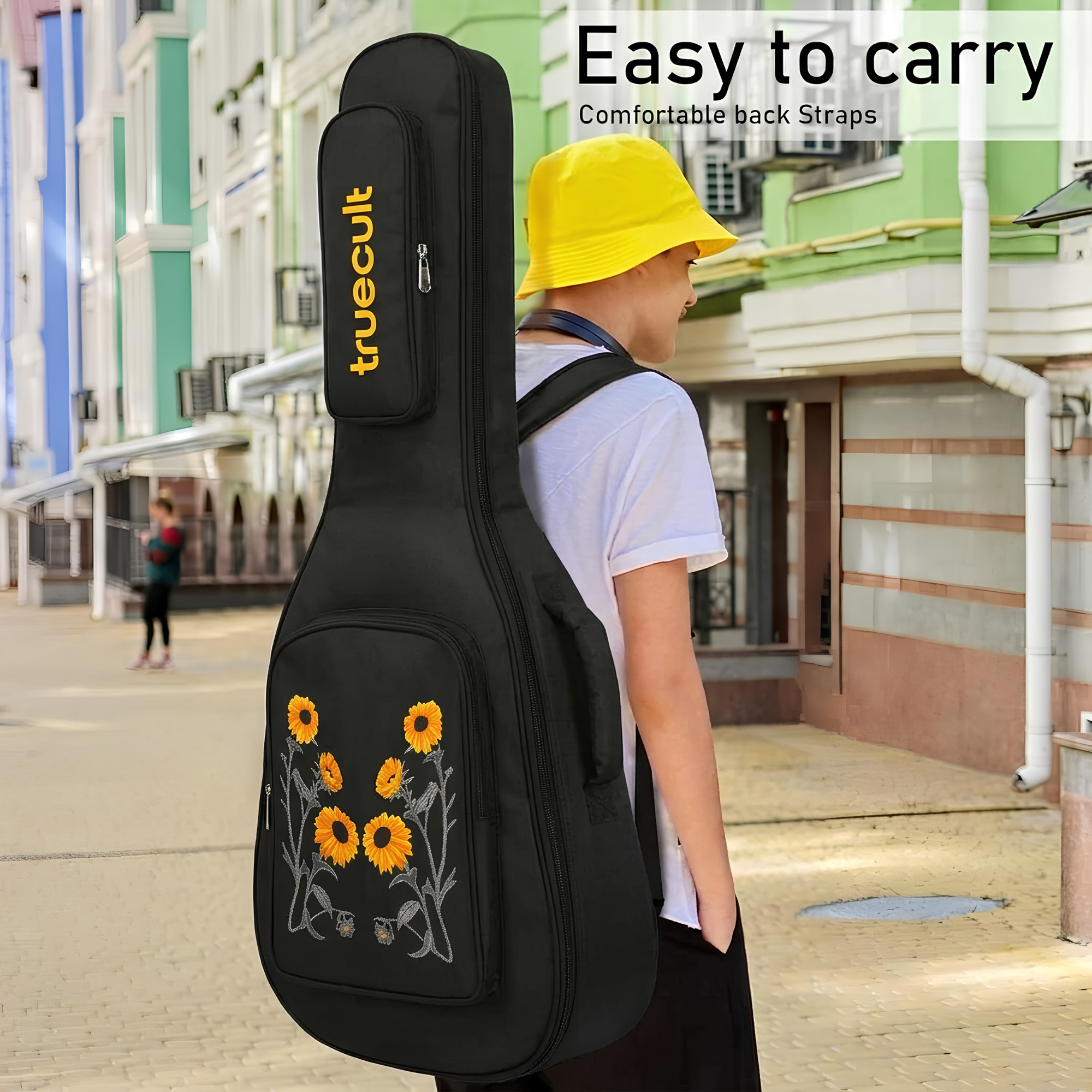 True Cult Acoustic Guitar Gig Bag - 30mm Extra Thick Padding, Double Pocket (Black-Sunflower)