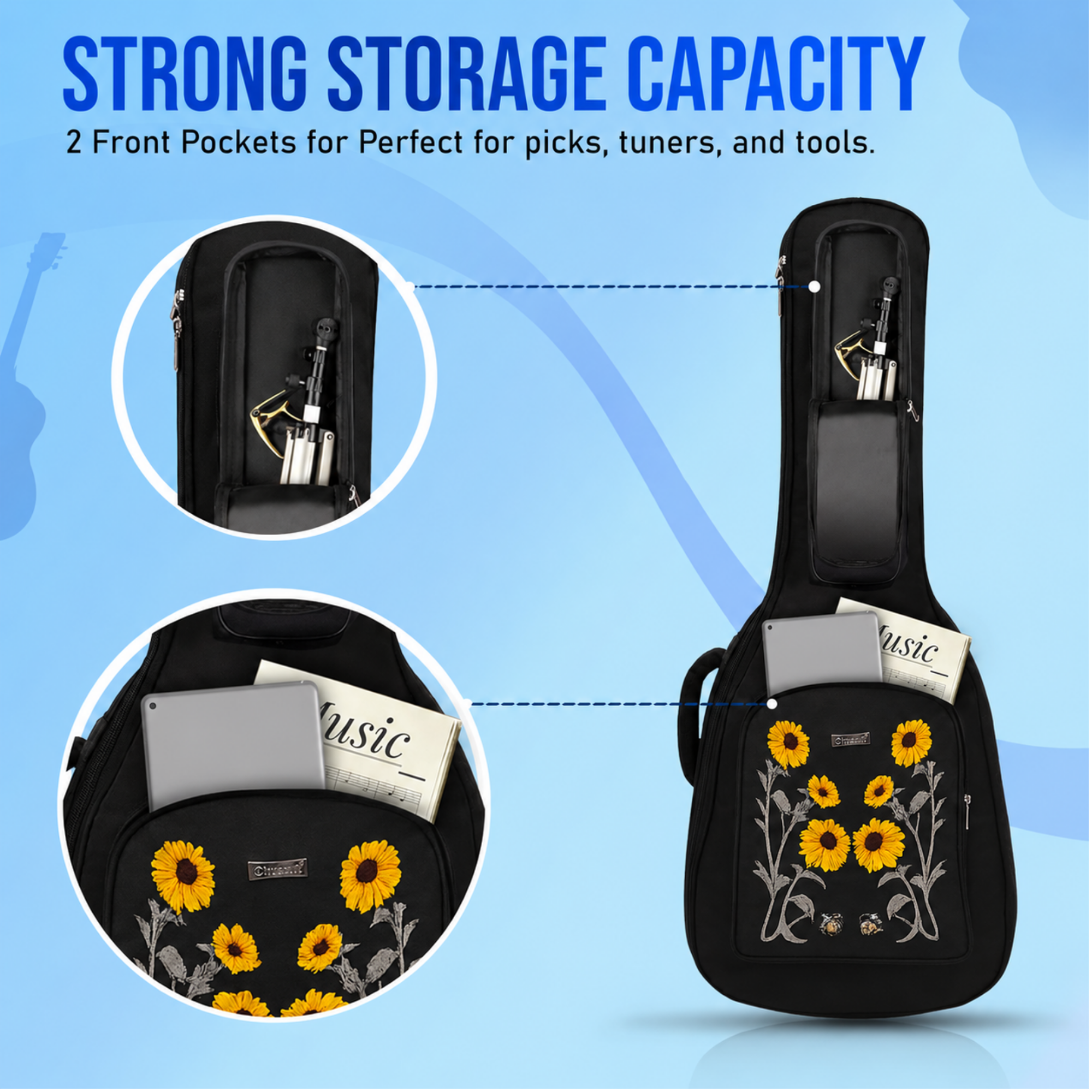 True Cult Acoustic Guitar Gig Bag - 30mm Extra Thick Padding, Double Pocket (Black-Sunflower)
