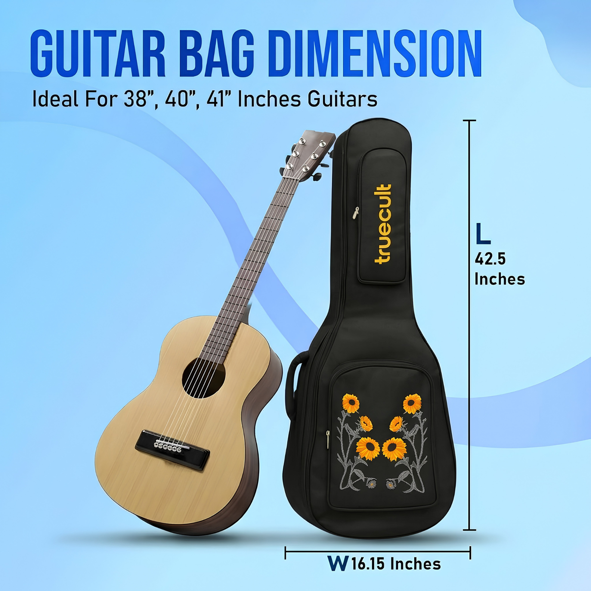 True Cult Acoustic Guitar Gig Bag - 30mm Extra Thick Padding, Double Pocket (Black-Sunflower)