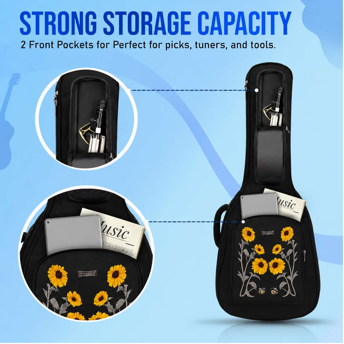 True Cult Acoustic Guitar Gig Bag - 30mm Extra Thick Padding, Double Pocket (Black-Sunflower)