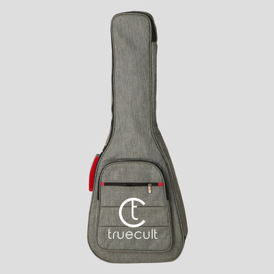 Gray guitar case with 'truecult' logo on a light gray background