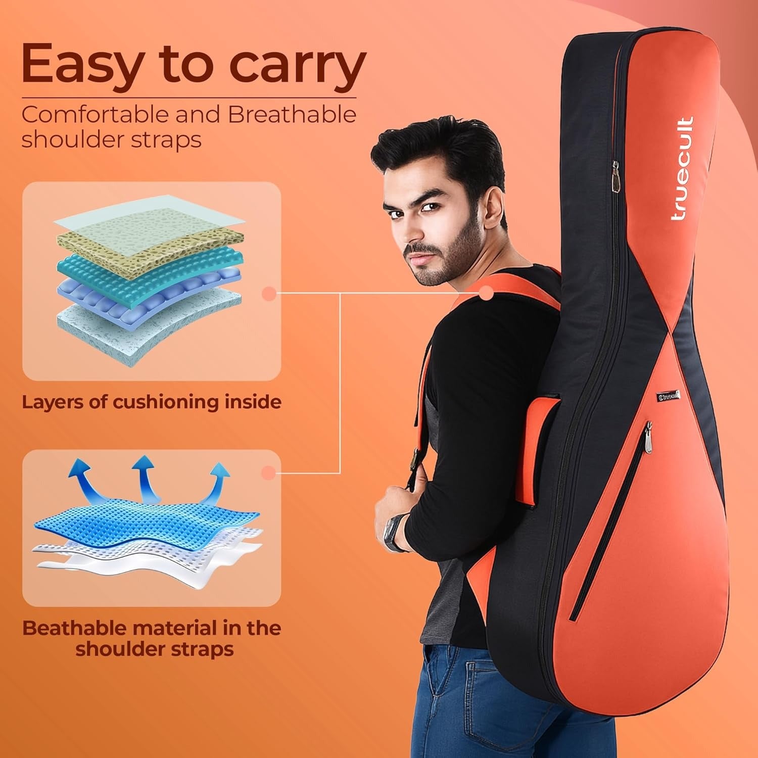 True Cult Padded Acoustic Guitar Bag – Orange | Fits Yamaha, Fender, Ibanez, Cort, ESP, Epiphone, Kadence & More