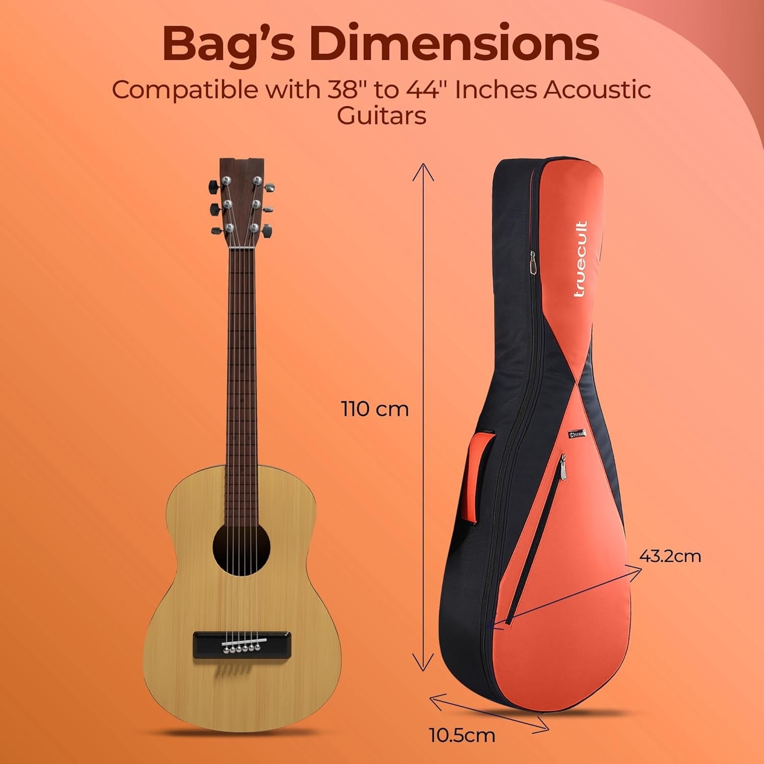 True Cult Padded Acoustic Guitar Bag – Orange | Fits Yamaha, Fender, Ibanez, Cort, ESP, Epiphone, Kadence & More