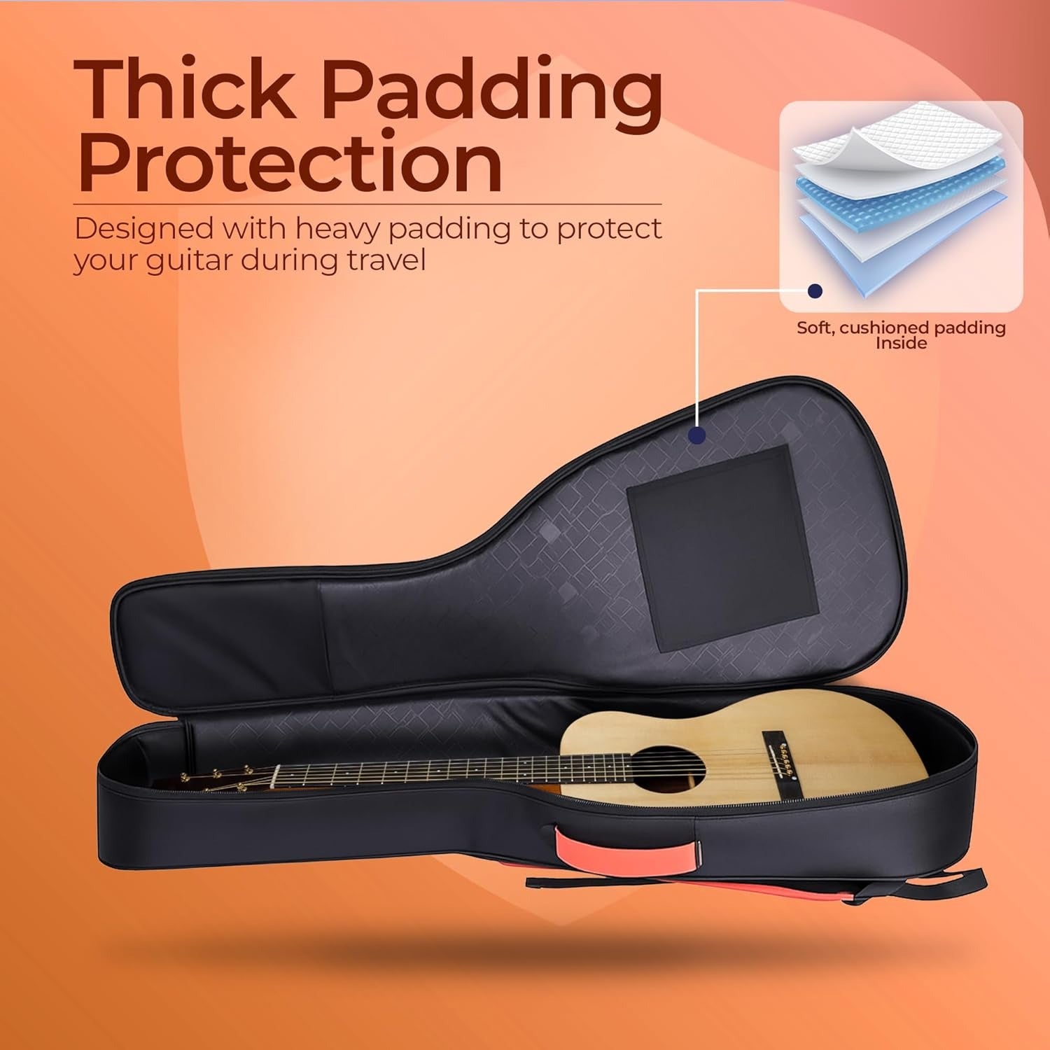 True Cult Padded Acoustic Guitar Bag – Orange | Fits Yamaha, Fender, Ibanez, Cort, ESP, Epiphone, Kadence & More