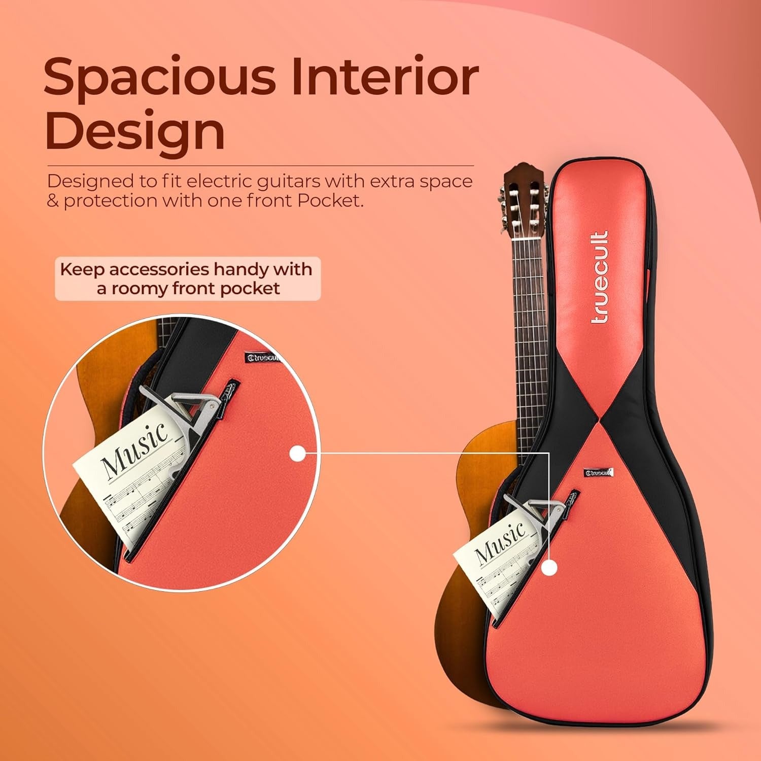 True Cult Padded Acoustic Guitar Bag – Orange | Fits Yamaha, Fender, Ibanez, Cort, ESP, Epiphone, Kadence & More