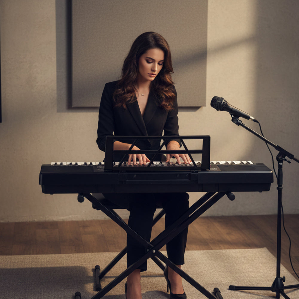 Woman playing a keyboard in a room with a microphone stand.
