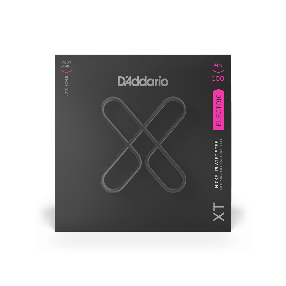 Front view of D'Addario XTB45100 coated bass strings box showing nickel-plated steel and long scale four-string configuration.