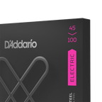 Close-up of D'Addario XTB45100 packaging highlighting 45-100 gauge and electric bass string specification in pink text.
