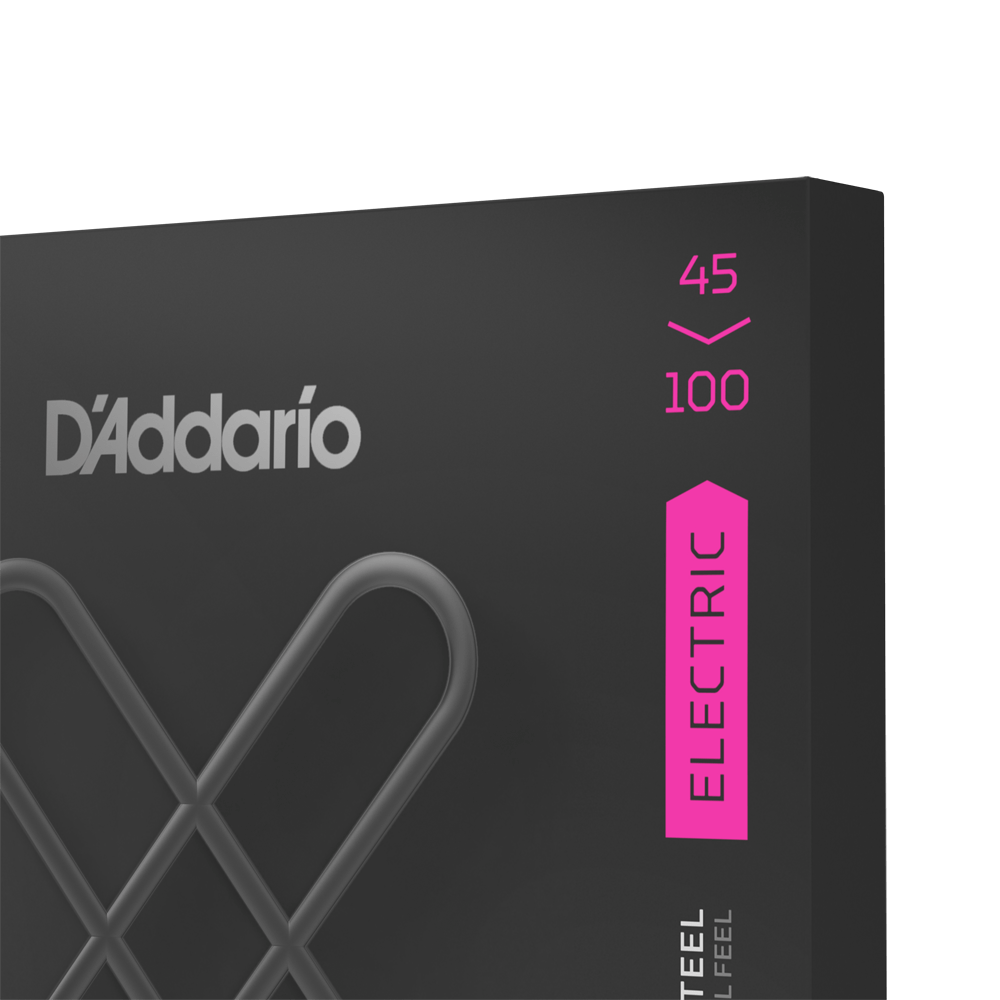 Close-up of D'Addario XTB45100 packaging highlighting 45-100 gauge and electric bass string specification in pink text.