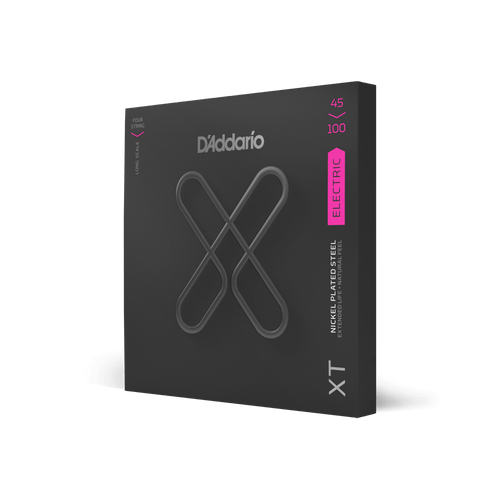 D'Addario XTB45100 45-100 Regular Light Long Scale Coated Bass Strings in black packaging with pink electric bass label and XT logo.