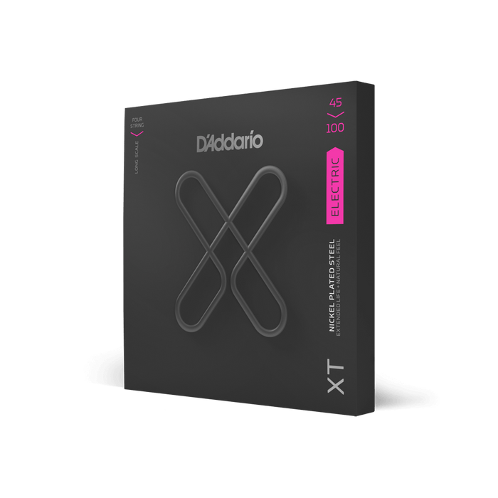 D'Addario XTB45100 45-100 Regular Light Long Scale Coated Bass Strings in black packaging with pink electric bass label and XT logo.