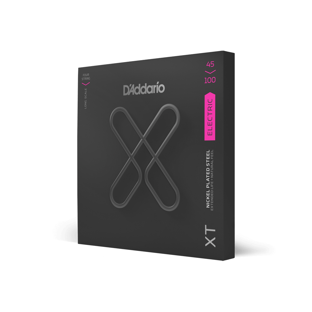 Angled view of D'Addario XTB45100 Regular Light Long Scale Coated Bass Strings box with XT branding and nickel-plated steel label.