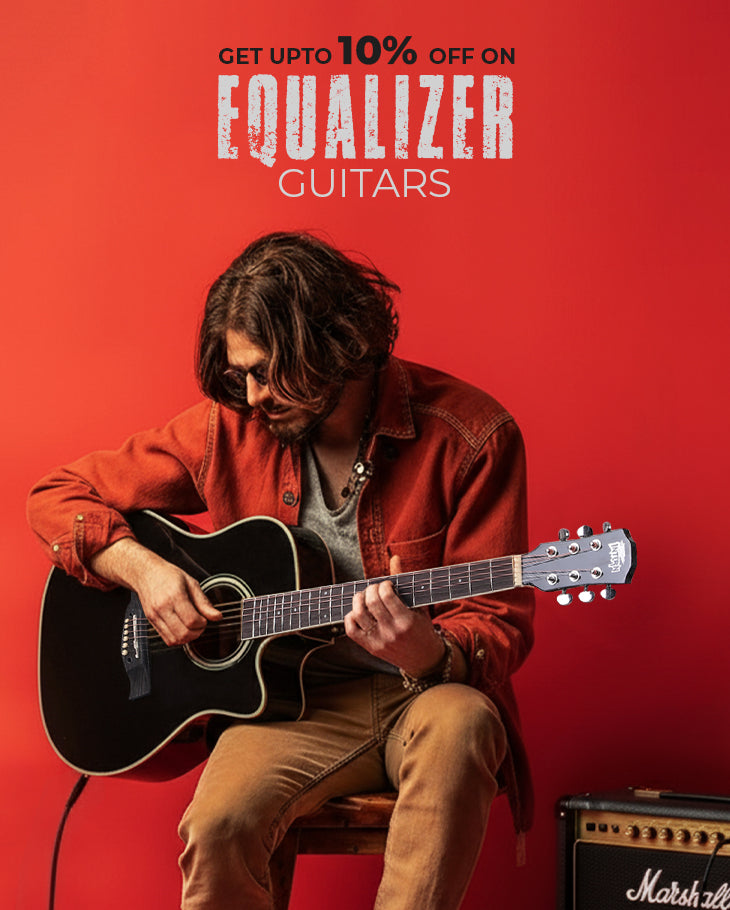 Person playing an acoustic guitar with promotional text for Equalizer Guitars on a red background