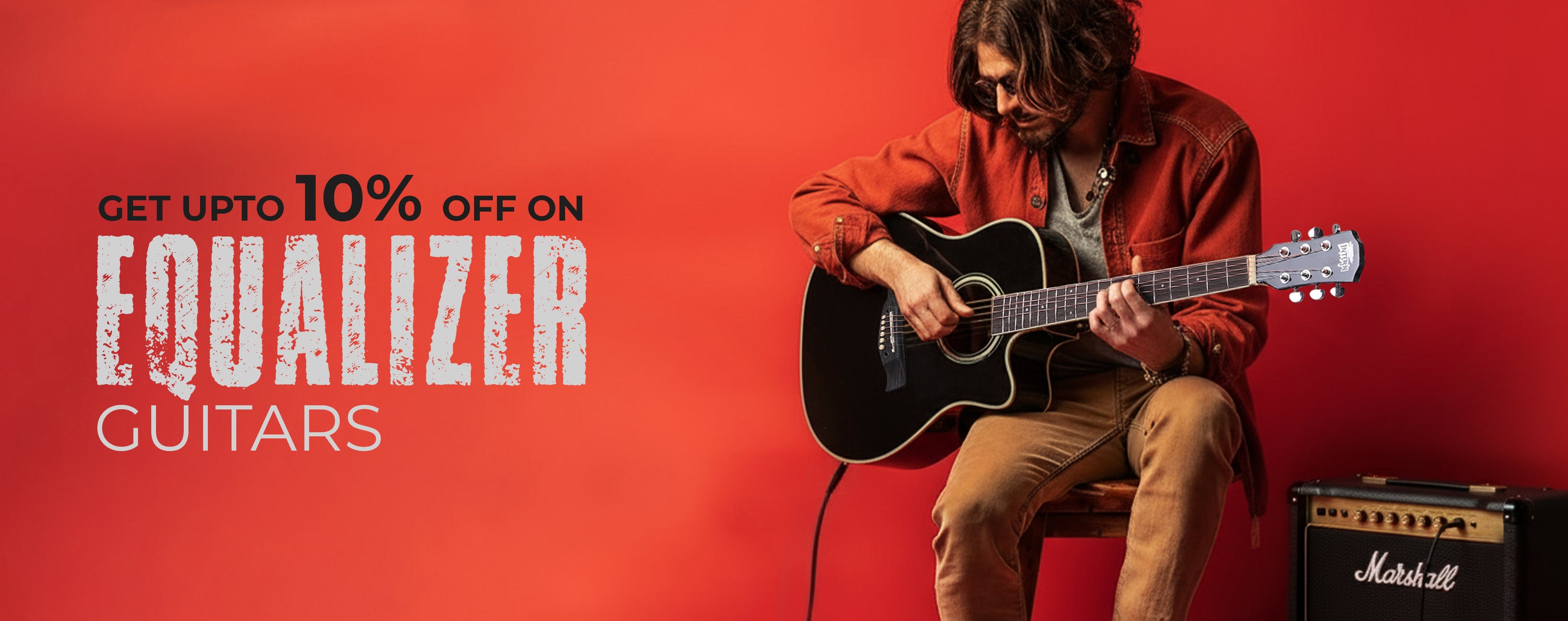 Person playing an acoustic guitar with promotional text on a red background