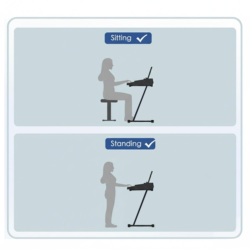 Guitar World Store Arctic AR-ZKS-03 Z-style keyboard stand shown in use for sitting and standing positions. Heavy-duty steel.