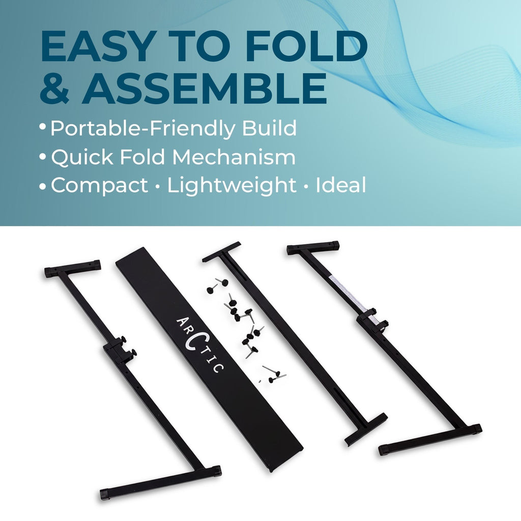 Guitar World Store Arctic AR-ZKS-03 black heavy-duty Z-style adjustable keyboard stand disassembled with hardware.