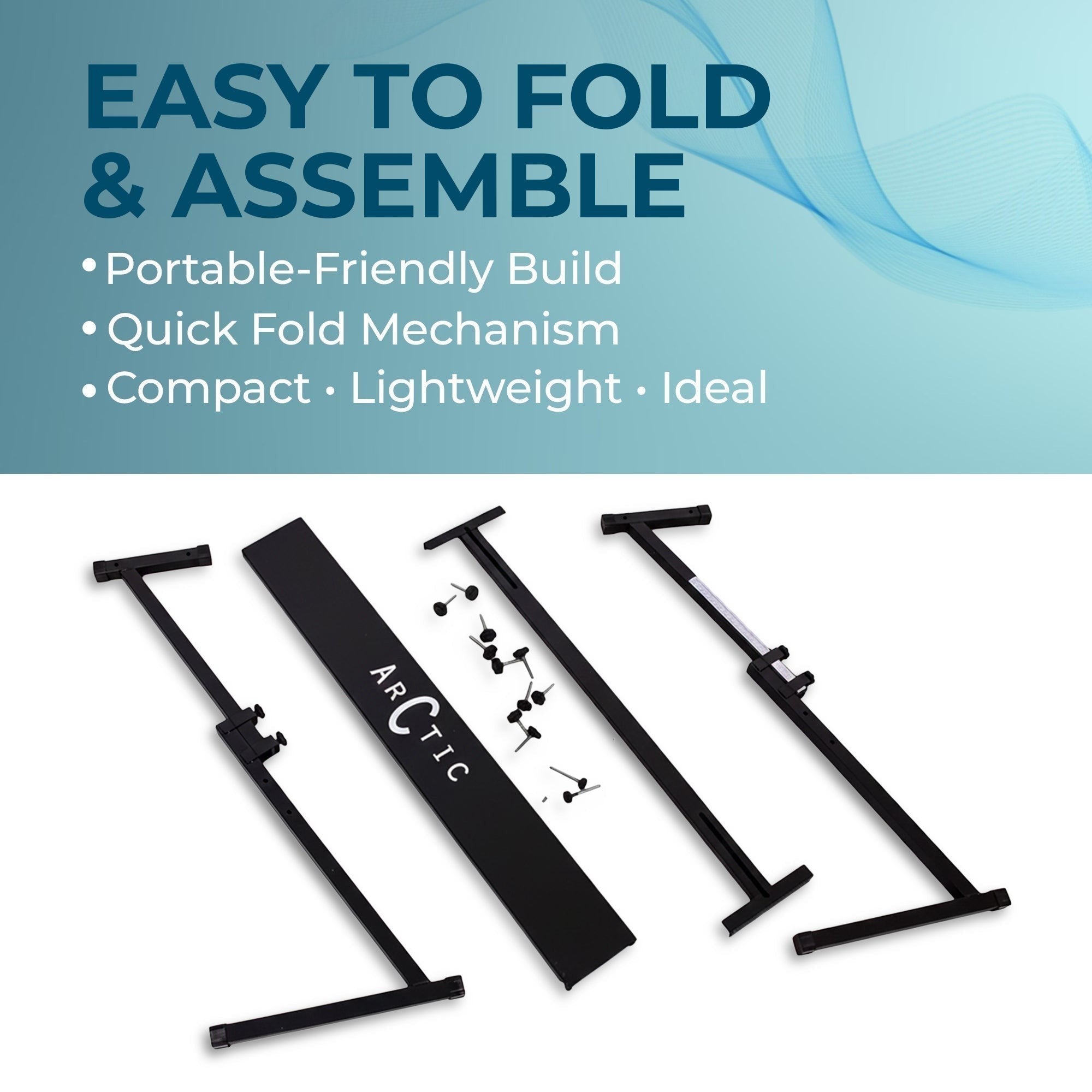 Guitar World Store Arctic AR-ZKS-03 black heavy-duty Z-style adjustable keyboard stand disassembled with hardware.