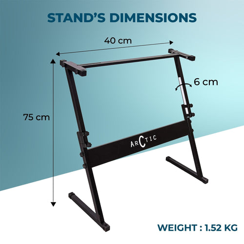 Guitar World Store black heavy-duty Z-style adjustable keyboard stand with dimensions shown.