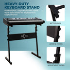 Guitar World Store black heavy-duty Z-style adjustable keyboard stand with a digital piano. Features locking and adjustment knobs.
