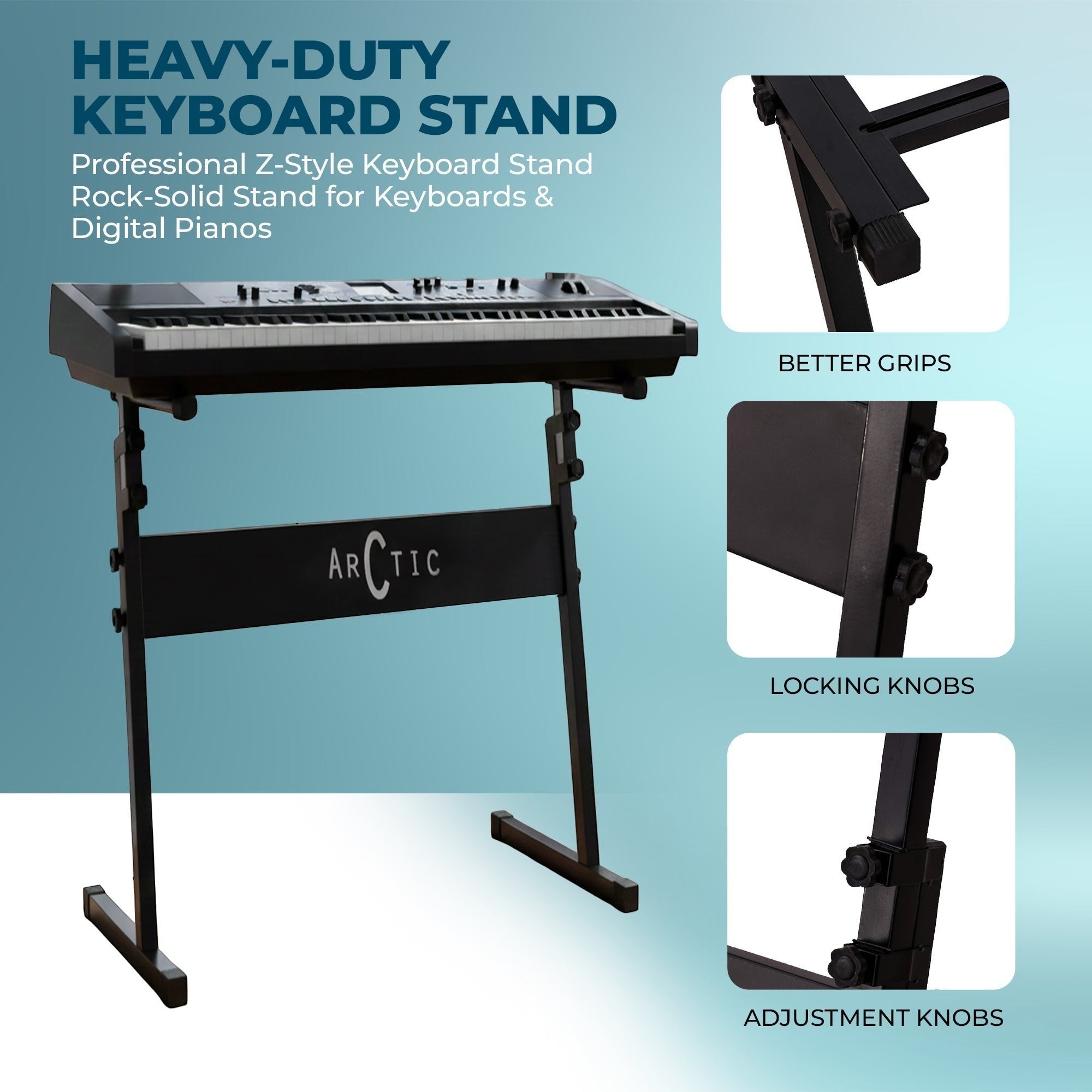 Guitar World Store black heavy-duty Z-style adjustable keyboard stand with a digital piano. Features locking and adjustment knobs.